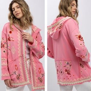 NWOT Blue Velvet Embroidered Pink Floral Hoodie Jacket Size Small
